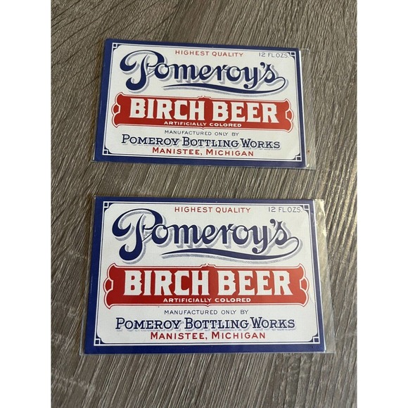 Vintage Pomeroy's Birch Beer Bottle Labels (2) Bottling Works Manistee Michigan - Picture 2 of 4